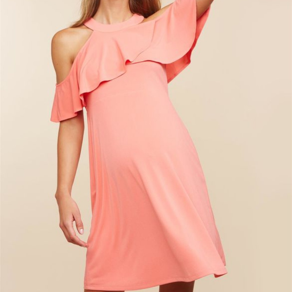 Coral Cold-Shoulder Maternity Dress